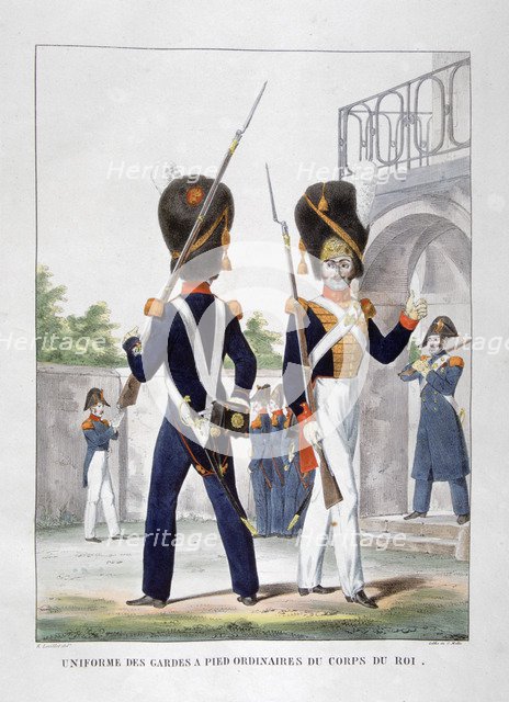 Uniforms of foot soldiers of the French royal corps, 1823.  Artist: Charles Etienne Pierre Motte