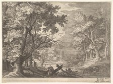 Woodland scene with marshy banks, two men and a dog in profile at left, two-long-necke..., ca. 1600. Creator: Aegidius Sadeler II.