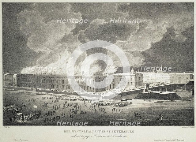 Fire in the Winter Palace on December 29, 1837, c.1838. Artist: Wolf, Franz (1795-1859)
