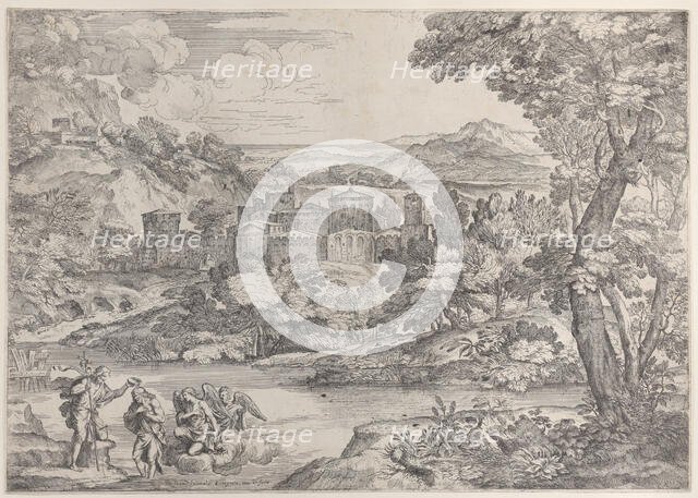The Baptism of Christ at lower left, within a landscape, 1626-80., 1626-80. Creator: Giovanni Francesco Grimaldi.