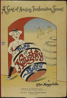 Boy holding a large barrel - book cover, 1900. Creator: Lothar Meggendorfer.