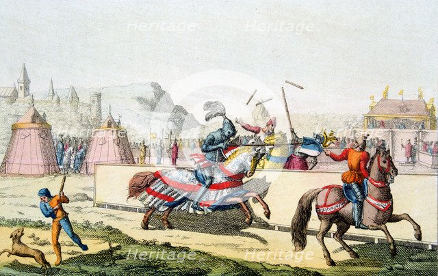 Armoured knights jousting at a tournament, 12th century, c1820. Artist: Unknown