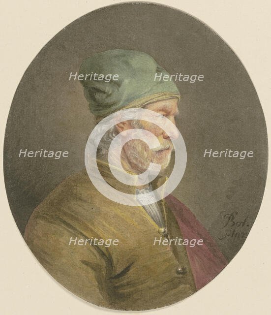 Old man with a white mustache, green cap, and yellow doublet, in profile, c17th century. Creator: Unknown.
