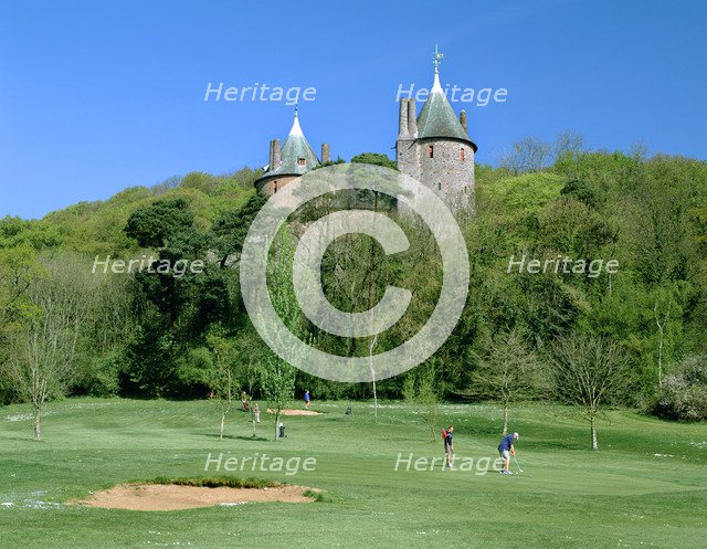 Golf course and Castell Coch, Tongwynlais, near Cardiff, Wales.
