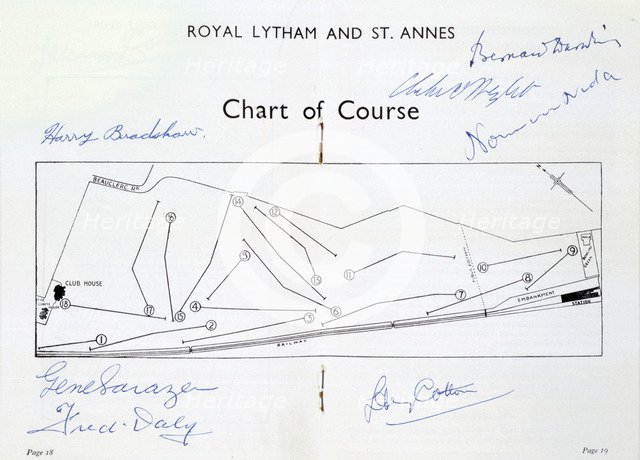 Autographed course chart of Royal Lytham St Annes, c1930s. Artist: Unknown