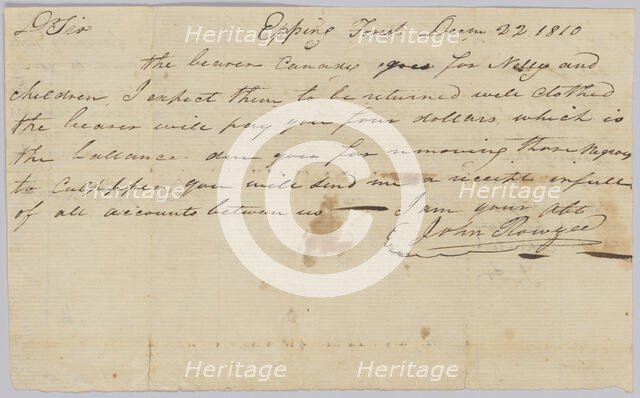 Agreement regarding hiring of enslaved woman Nelly and her children, December 22, 1810. Creator: Unknown.