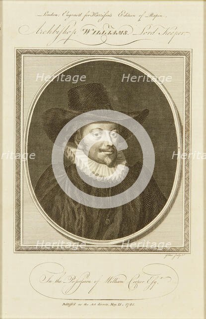 Archbishop Williams, Lord Keeper (1582-1650), 1780s. Creator: Goldar, Jabez (1729-1795).
