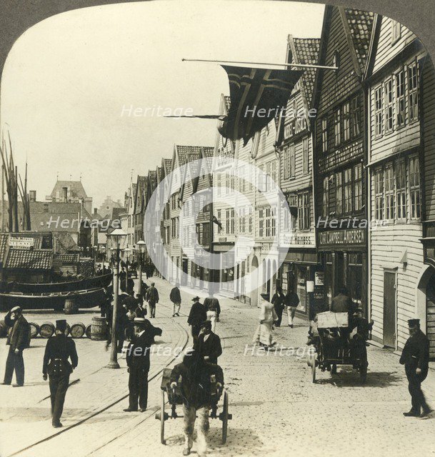 'Warehouses along the quay in  old town Bergen, for centuries the great fish mart of Norway', c1905. Creator: Unknown.