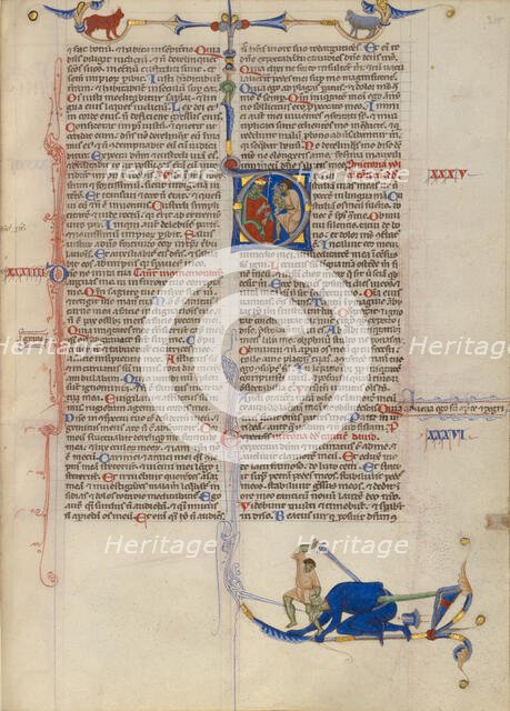 Initial D: David Presenting the Head of Goliath to King Saul; Abbey Bible, about 1250-1262. Creator: Unknown.