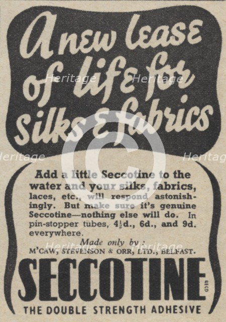 Seccotine Fabric Adhesive, 1939. Artist: Unknown
