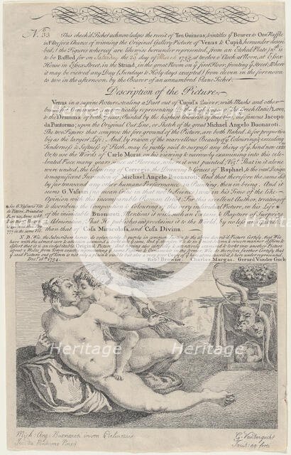 Raffle Ticket for the Painting of Venus and Cupid after Michelangelo, 1734. Creator: Gerard Vandergucht.