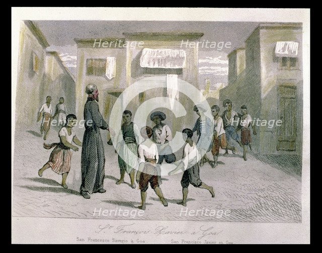 St. Francis Javier (1507-1552), Spanish Jesuit saint walking the streets of the Portuguese colony…