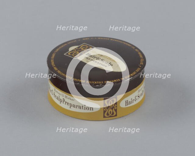 Tin for Madame C.J. Walker's Hair and Scalp Preparation, 1940s - 1960s. Creator: Madam C.J. Walker Manufacturing Company.