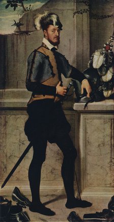 'A Knight with his Jousting Helmet', 1554-1558, (1936). Artist: Giovanni Battista Moroni.