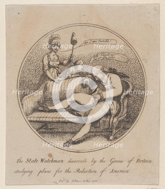 The State Watchman Discovered by the Genius of Britain Studying Plans for the..., December 10, 1781. Creator: Thomas Rowlandson.