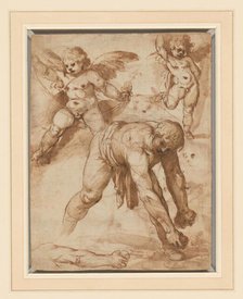 Studies of a Figure Bending Over, Two Putti, and an Arm (recto); Rest on the Flight..., 1596/97. Creator: Cesare Rossetti.