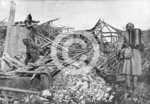 French troops using flamethrowers to flush out Germans from their shelters, Cantigny, France, 1918. Artist: Unknown