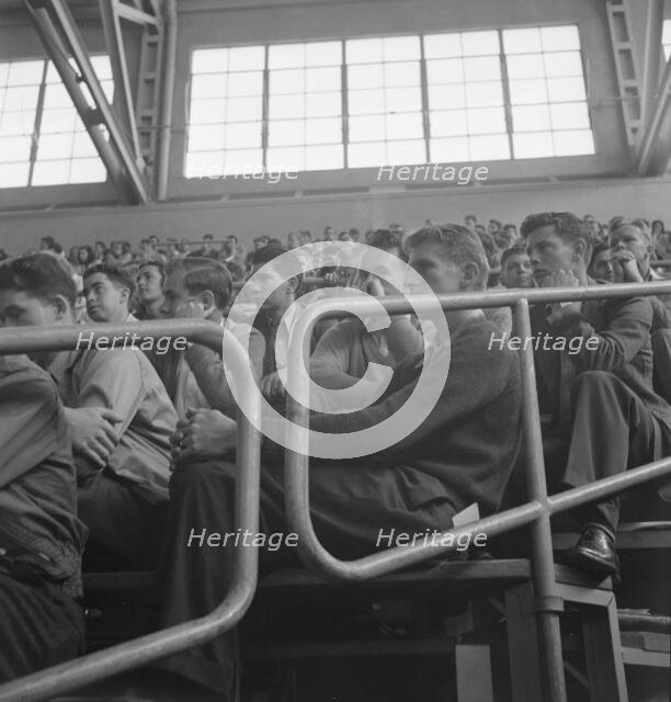 Student audience listening to Peace Day address of General Smedley Butler, Berkeley, CA, 1939. Creator: Dorothea Lange.