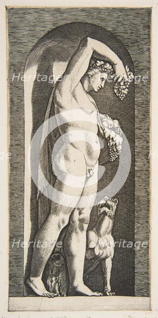 Bacchus standing in a niche holding grapes in his raised right hand, fruit in his l..., ca. 1515-27. Creator: Marco Dente.
