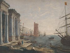 View of a harbour with ships and boats on the water, 1752. Creator: Thomas Major.