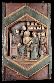 A medical practitioner examining urine brought by his patients. Painted relief after Nino Pisano.. Creator: Pisano, Nino, approximately 1315-approximately 1368 (After).
