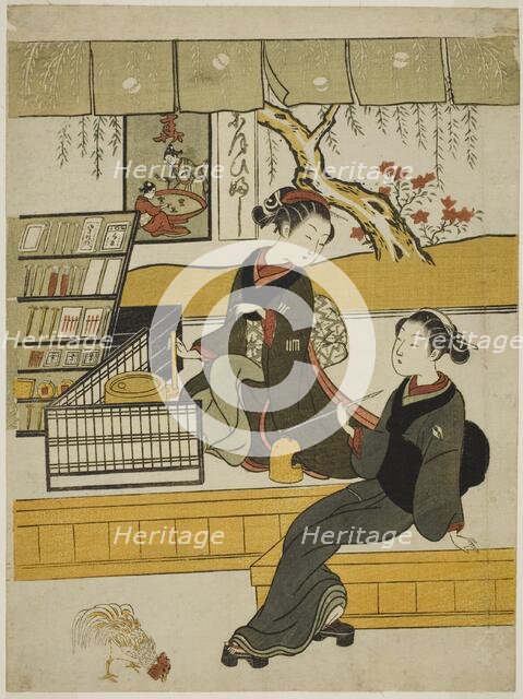Ofuji, the Shop Girl of the Motoyanagiya, with a Customer, c. 1769. Creator: Suzuki Harunobu.