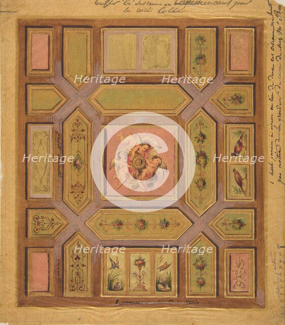 Design for a paneled ceiling painted with putti, birds, and floral motifs on tracing paper..., 19th  Creators: Jules-Edmond-Charles Lachaise, Eugène-Pierre Gourdet.