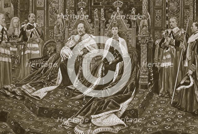King Edward VII at the opening of his first Parliament, London, 14 February, 1901. Artist: Samuel Begg