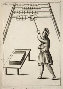 The Pressman Hanging Paper,  pub. 1683 (engraving). Creator: English School (17th Century).