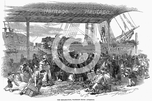 Irish emigrants embarking for America at Waterloo Docks, Liverpool, 1850. Artist: Unknown
