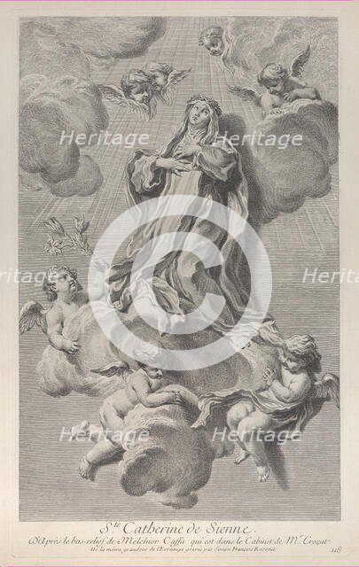 The Ecstasy of Saint Catherine of Siena, kneeling on a cloud carried by angels, one of ..., 1729-40. Creator: Simon François Ravenet.