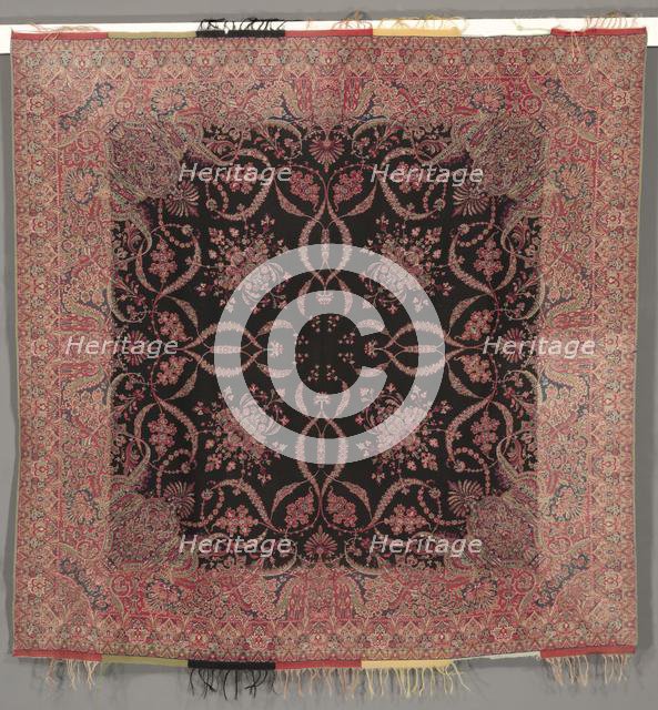 Square Shawl in Renaissance Style with Black Center and Quarter Shawl Layout, 1840s. Creator: Unknown.