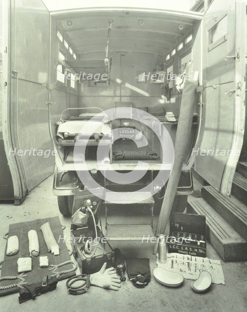 London County Council ambulance interior and equipment, 1925. Artist: Unknown.