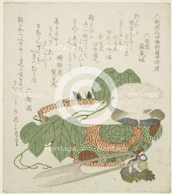 Bowl, scissors, and morning glories, c. 1820. Creator: Gakutei.