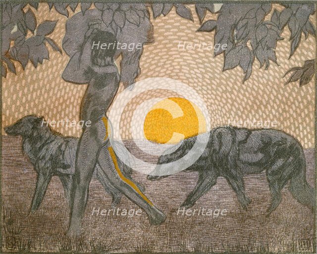 Mowgli and wolves; scene from "The Jungle Book", 1919.  Creator: Paul Jouve.