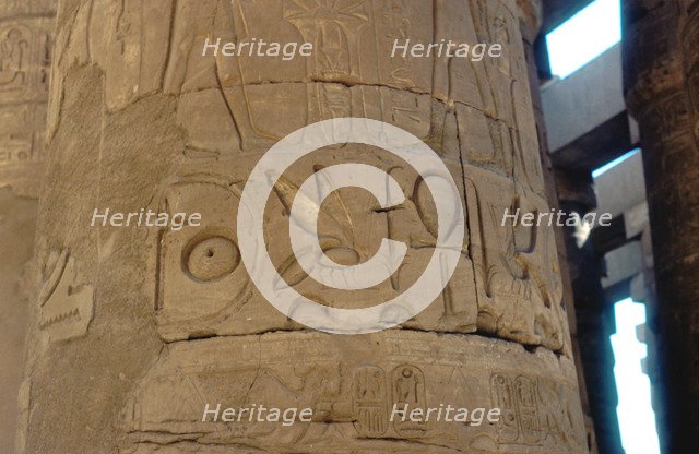 Hieroglyphics carved on a column at the Temple of Karnak, Egypt, c14th-13th century BC. Artist: Unknown