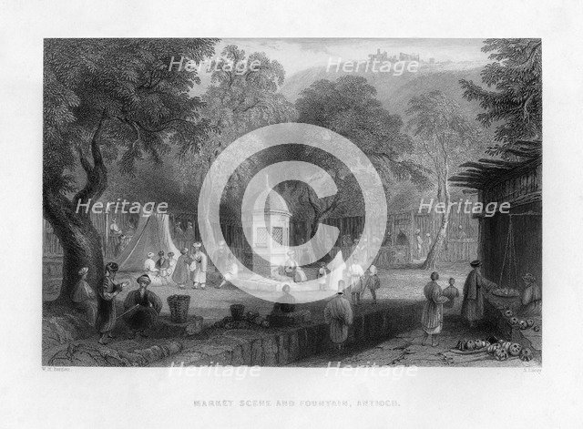 A market scene and a fountain in Antioch, Turkey, 1841.Artist: S Lacey