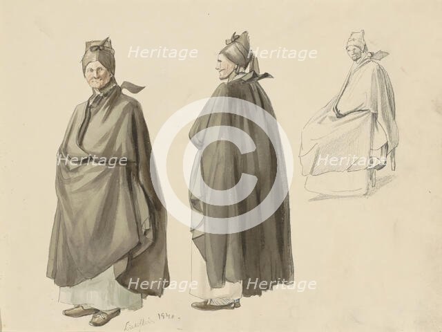 Woman in a long cloak and hood, seen from different views, 1840. Creator: Johannes Tavenraat.