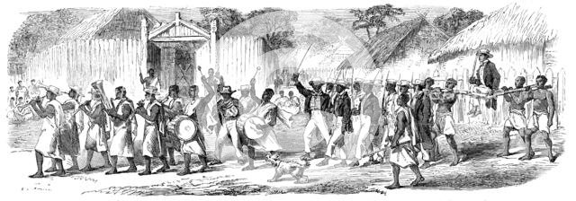 Procession of the British Envoys to Madagascar from the seashore to the Fort of Tamatave..., 1862. Creator: Unknown.