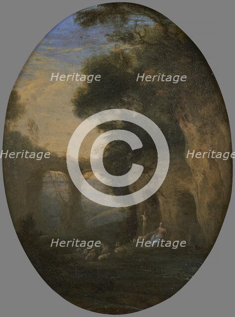 Shepherdess and her flock at the entrance to a cave, between 1675 and 1699.  Creator: Unknown.