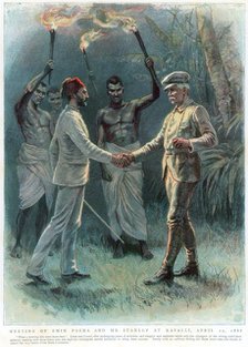 Henry Morton Stanley, Welsh journalist and explorer, meeting Emin Pasha at Kavalli, 29 April 1888 Artist: Unknown