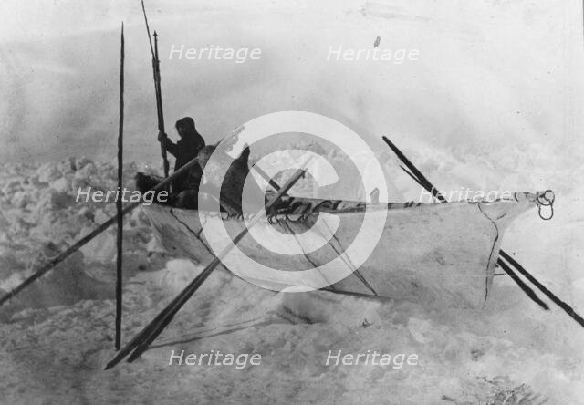 Eskimo in boat made with skins called an umiak, between c1900 and c1930. Creator: Unknown.