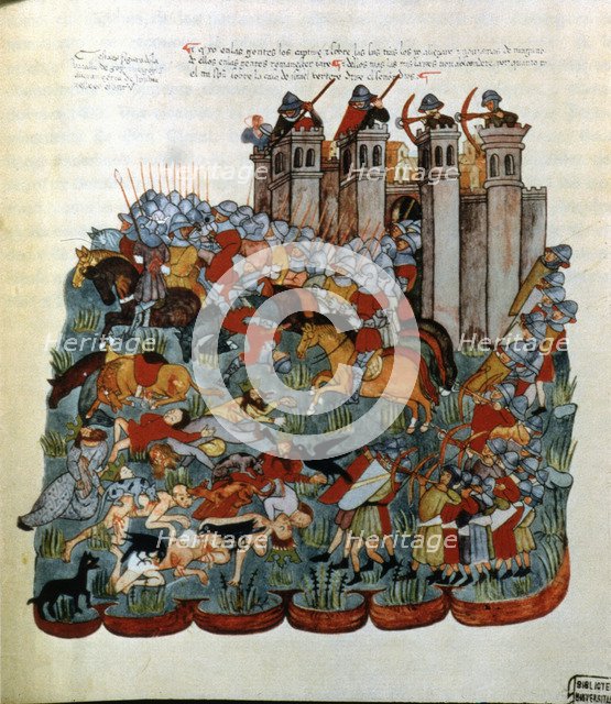 Battle scene, miniature in the Bible of the Alba House, 1430.
