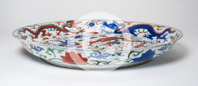 Dish with Dragons amid Clouds and Flaming Pearls; Vines..., Ming dynasty, Wanli reign(1563-1620). Creator: Unknown.