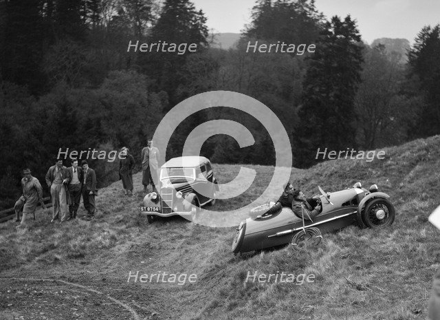 Morgan 3-wheeler of HEG Cox competing in the MCC Edinburgh Trial, Roxburghshire, Scotland, 1938. Artist: Bill Brunell.