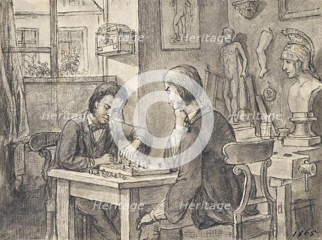 The chess players in the sculptor's studio, around 1870. Creator: Joseph Eugen Horwarter.