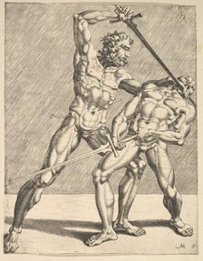 Two Fencers, from Fencers, plate 7, 1552. Creators: Dirck Volkertsen Coornhert, Cornelis Bos.
