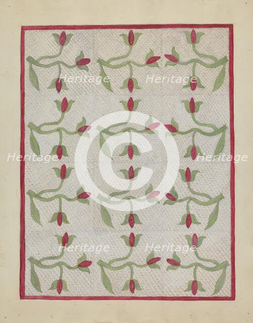 Tulip Pattern Quilt, c. 1937. Creator: Mabel Ritter.