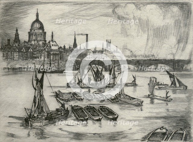 St Paul's Cathedral, Blackfriars Bridge and boats on the River Thames, London, 1914. Artist: E Wilson.