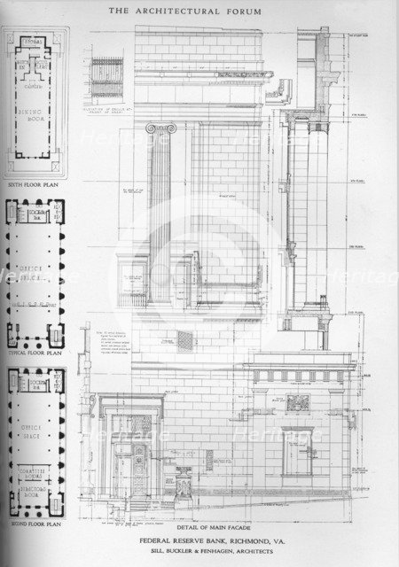 Detail of main facade - Federal Reserve Bank, Richmond, Virginia, 1922. Artist: Sill, Buckler & Fenhagen.